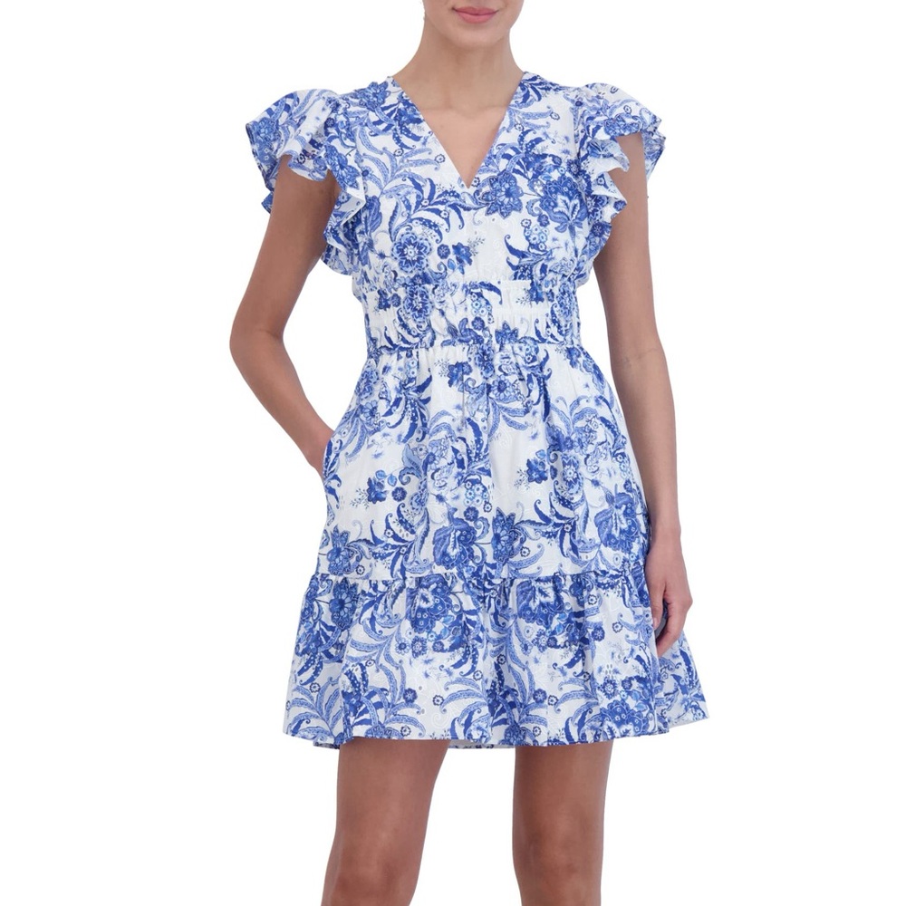 Floral Flutter Sleeve Fit & Flare Cotton Dress - Eliza J